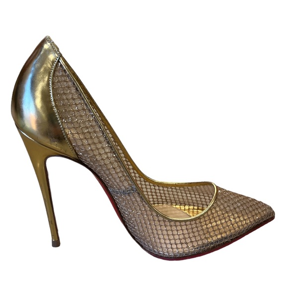 Christian Louboutin Follies Resille Glitter Fishnet High Heels Pumps Gold 8.5 - Picture 6 of 16